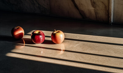 Red and yellow ripe apples on a beige surface in hard oblique lighting with sharp shadows and a black background.