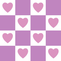 Color purple squares in a checkerboard with hearts pattern. Abstract background.Checkerboard, chessboard, seamless pattern.