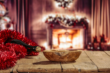 Desk of free space and champagne bottle with two glasses 