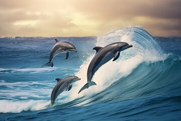 Playful dolphins jumping over breaking waves. Hawaii Pacific Ocean wildlife scenery.