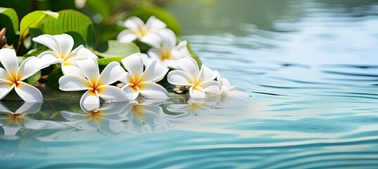 Plumeria flowers on green leaf floating on water. A peaceful and serene scene with a touch of nature and beauty.