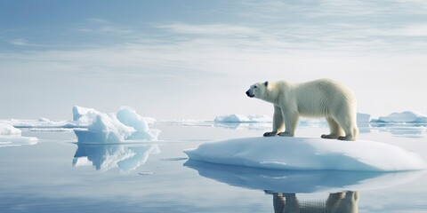 Polar bear on ice floe. Melting iceberg and global warming.