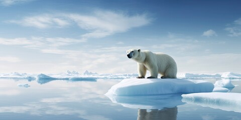 Polar bear on ice floe. Melting iceberg and global warming.