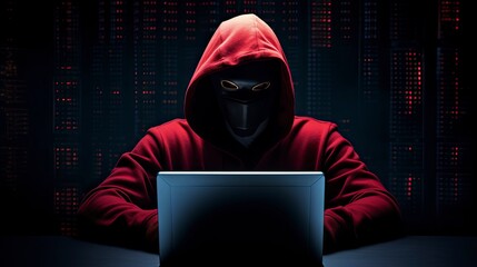 Binary Intrigue. Anonymous robotic hacker. Concept of hacking.