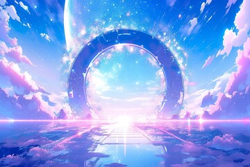 Portal to another world. Futuristic cosmic landscape with circle tunnel in starry sky.