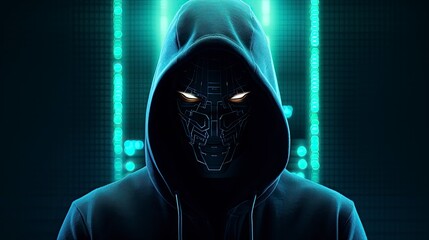 Binary Intrigue. Anonymous robotic hacker. Concept of hacking.