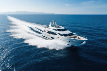 yacht qui navigue à vive allure en mer près des côtes, mer calme ciel bleu - 664511286