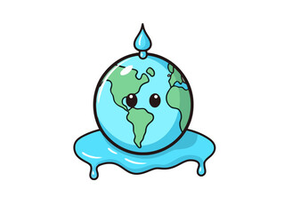 Doodle Earth with water drop, cartoon sticker, sketch, vector, Illustration, minimalistic