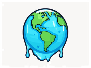 Doodle Earth with water drop, cartoon sticker, sketch, vector, Illustration, minimalistic