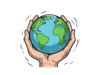 Doodle Earth with hands, cartoon sticker, sketch, vector, Illustration, minimalistic
