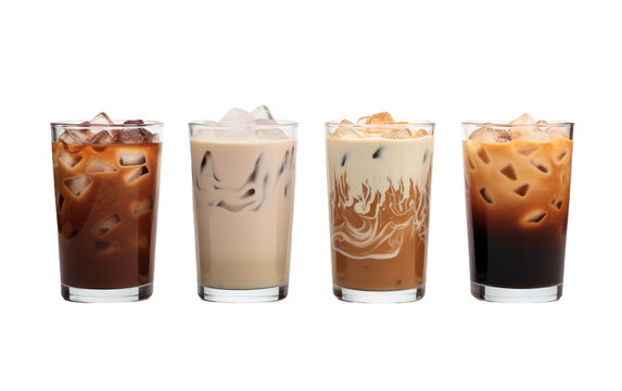 Multiple Glasses of Different types of Colorful Coffee Isolated on Transparent Background PNG.