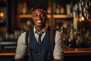 Fototapeta premium Portrait of a smiling young waiter in a bar