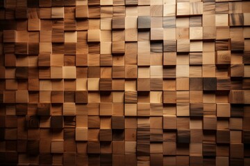 Wooden wall with a subtle shine made of rectangular blocks creating a natural, 3D background. Generative AI