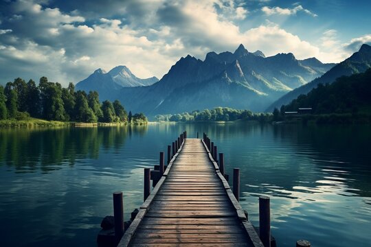 A calm lake with a pier surrounded by beautiful mountains. Generative AI © Andromeda