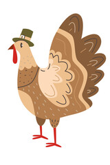 Turkey with pilgrim's hat. Thanksgiving decoration. Domestic bird isolated on white background. 