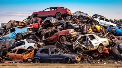 Generative AI, Car dump with a lot of broken used cars - obrazy, fototapety, plakaty