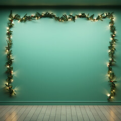 Fotografia con detalle de pared de color verde con iluminación y decoración de navidad
