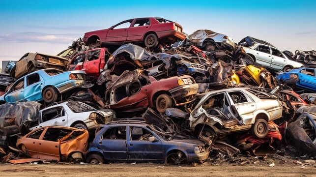 Generative AI, Car dump with a lot of broken used cars