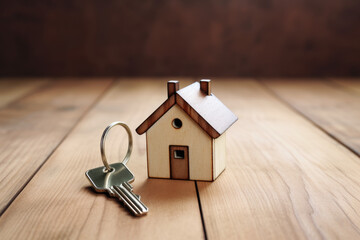 Obraz na płótnie Canvas Miniature house keys on wood table. Symbol of property ownership