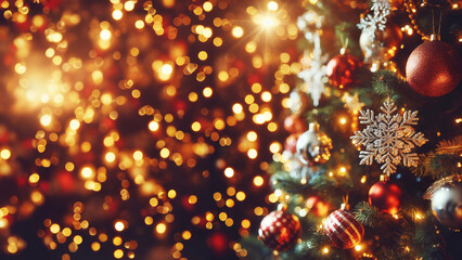 christmas background with a christmas tree, globe ornaments and blurred lights on a warm tone
