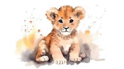 Cute 3D little lion with big eyes kids cartoon illustration digital artwork isolated on white. Funny baby lion, watercolor for, package, postcard, brochure, book