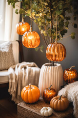 Cozy room interior with autumn decorations. 
