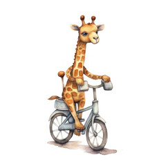 Cute 3D little giraffe on a bicycle kids cartoon illustration digital artwork isolated on white. Funny baby giraffe by bike, hand drawn watercolor for package, postcard, brochure, book