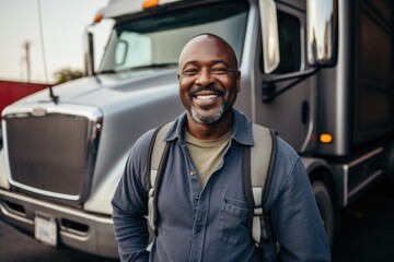 Portrait of middle aged truck driver in front of his truck