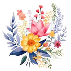 Fototapeta na wymiar Floral wedding flower elements, bouquet on white background. Watercolor hand drawn abstract illustration with flowers. Trendy colourful composition for invitation, brochure, greeting card, textile