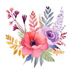 Floral wedding flower elements, bouquet on white background. Watercolor hand drawn abstract illustration with flowers. Trendy colourful composition for invitation, brochure, greeting card, textile