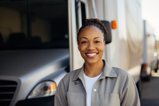 Portrait Of A Smiling Female Truck Driver In The Parking Lot