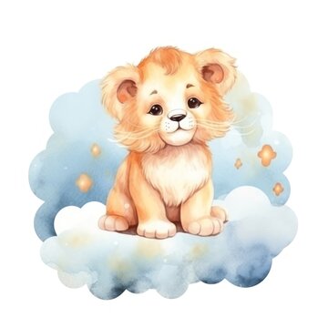 Cute 3D little lion flying on a cloud kids cartoon illustration digital artwork isolated on white. Funny baby lion, hand drawn watercolor for package, postcard, brochure, book