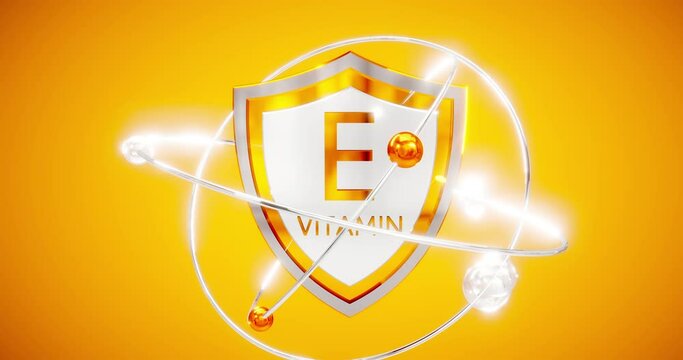 shield with vitamin e inscription, orbiting atoms and electrons, 3d rendering of tocopherols and tocotrienols