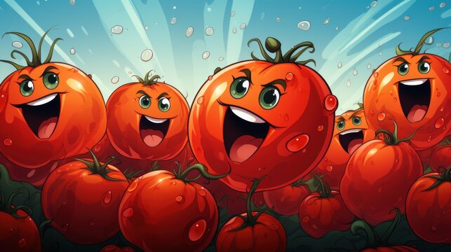3D tomato funny cartoon cute character with eyes, smile on colorful background. Many tomatoes, Illustration vegetable for kid, sale, package, cutout minimal.