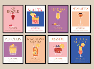 Set of printable posters of cocktail illustrations. An illustration of classical drinks in different types of glasses. Vector illustration of popular cocktails. Banner with soft and alcohol drinks.	