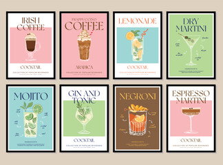 Set of printable posters of cocktail illustrations. An illustration of classical drinks in different types of glasses. Vector illustration of popular cocktails. Banner with soft and alcohol drinks.	