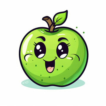 3D green apple funny cartoon cute character with eyes, smile on white background. Illustration for kid, sale, package, cutout minimal.