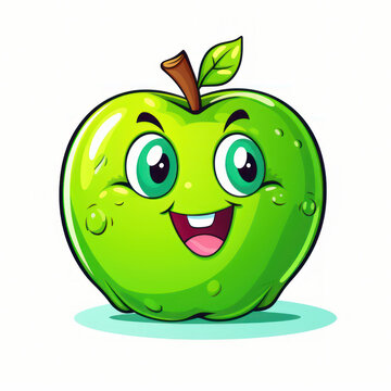 3D green apple funny cartoon cute character with eyes, smile on white background. Illustration for kid, sale, package, cutout minimal.