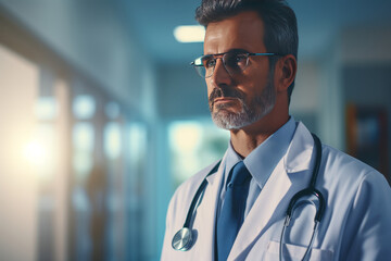 Fototapeta premium Portrait of mature male doctor in white medical coat with stethoscope around his neck. Middle-aged caucasian clinician against the background of medical facility. Experienced therapist in a hospital.