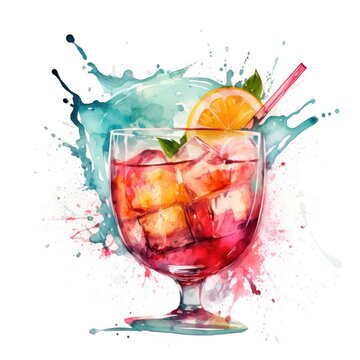Tropical cocktail with ice splashing. Hand drawn watercolor summer refreshing alcoholic drink. Cocktail with splash, digital abstract illustration for advert, menu, isolated on white