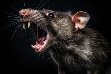 Aggressive rat on dark background. Rodents are carriers of diseases. Dangerous mouse with snarling mouth