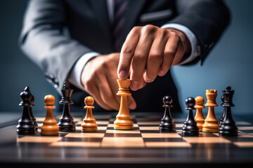 Man in business suit move chess figure on chessboard. Business strategy concept