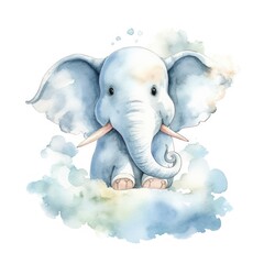 Cute 3D little elephant flying on a cloud kids cartoon illustration digital artwork isolated on white. Funny baby elephant, hand drawn watercolor for package, postcard, brochure, book