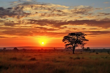 sunrise over African grasslands. Generative AI