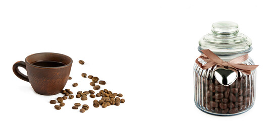 Chocolate dragee and a ceramic mug with coffee isolated on a white . Collage. Free space for text. Wide photo.
