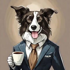 border collie dog in a suit drinking coffee 