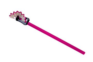 A pink pencil is sharpened in a black sharpener isolated on a transparent background.