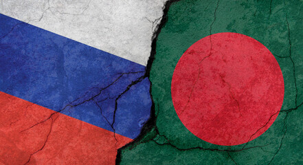 Russia and Bangladesh flags, concrete wall texture with cracks, grunge background, military conflict concept