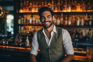 Fototapeta premium Portrait of a smiling young waiter in a bar
