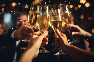 grupo de gente brindando con copas de champagne celebrando el año nuevo, sobre fondo desenfocado con bokeh dorado, concepto celebraciones - obrazy, fototapety, plakaty